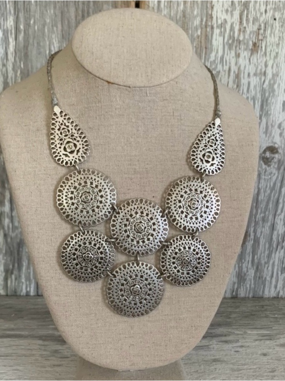 Stella and Dot Retired Medina Bib Silver Tone Medallion Statement Necklace